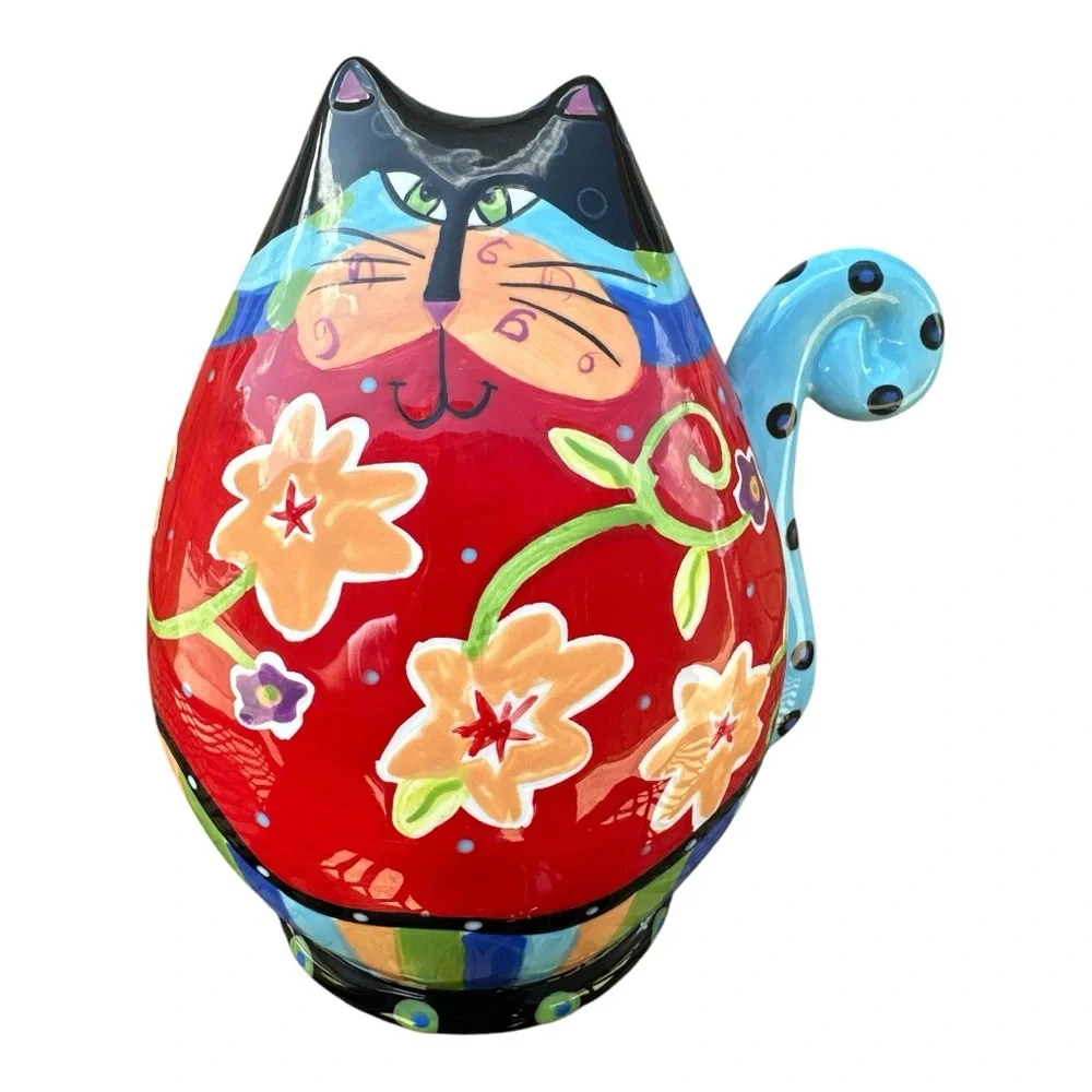 Joyce Shelton Cat's Meow Ceramic Cat Piggy Bank Colorful Floral Design 8” - Picture 4 of 6